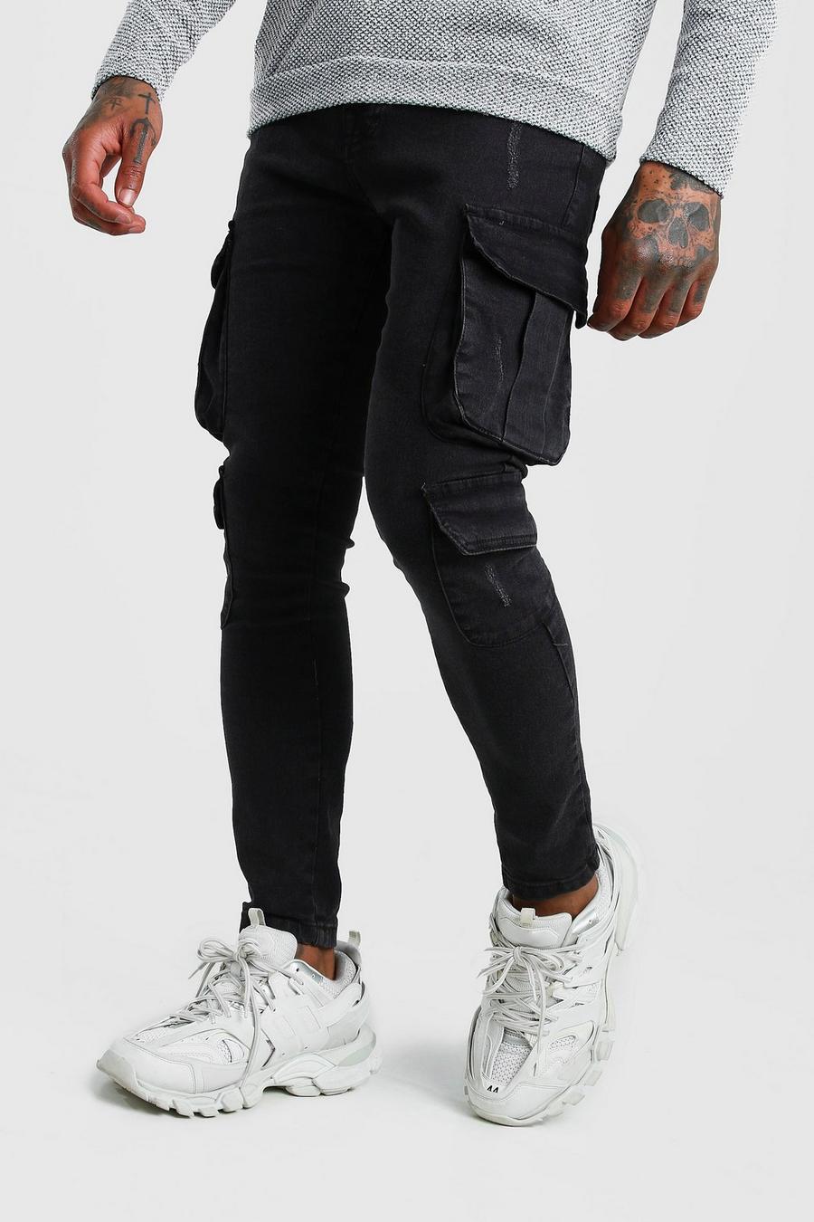 Relaxed Fit Acid Wash Cargo Jeans