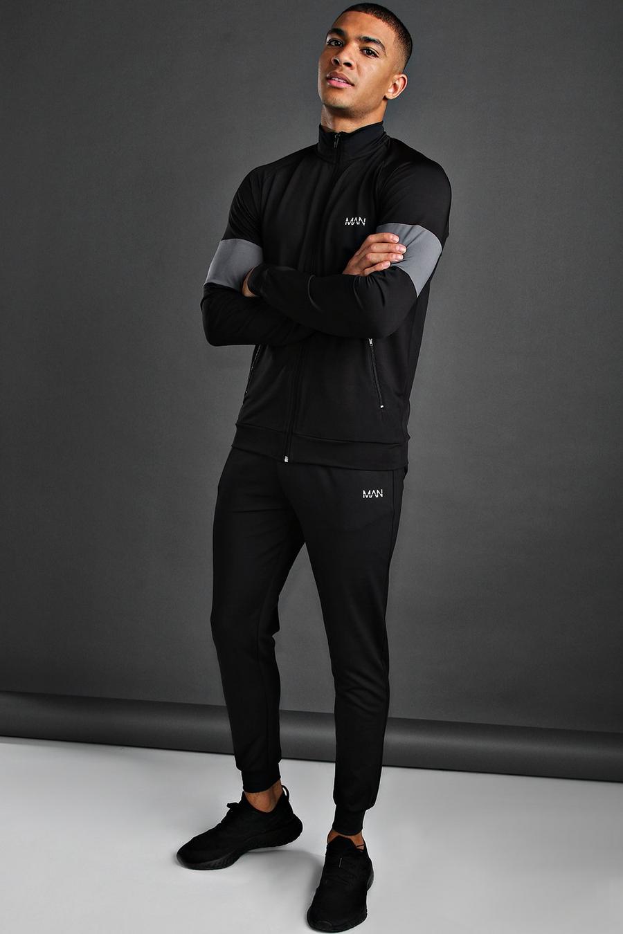 MAN Skinny-Fit Trainingsanzug aus Polyester mit Einsätzen, Schwarz image number 1