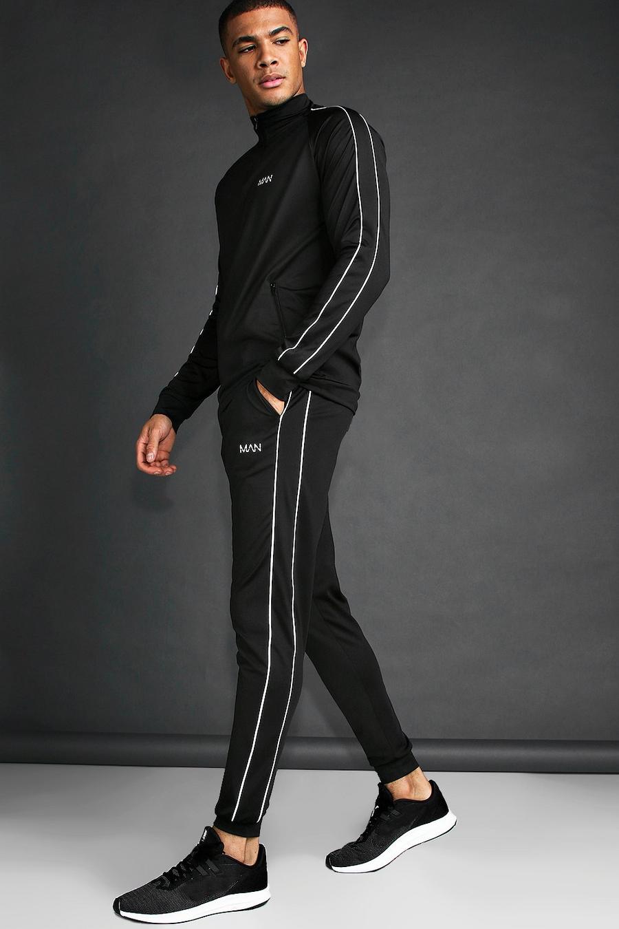 Black MAN Skinny Fit Tracksuit With Reflective Piping image number 1
