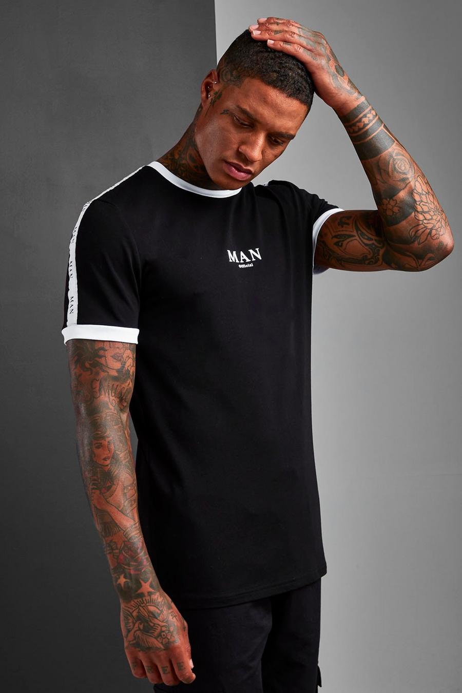 Black Muscle Fit MAN Roman Sleeve Tape Ringer T-Shirt image number 1