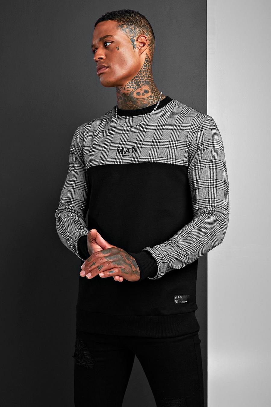 MAN Sweatshirt med rutig jacquardpanel och muscle fit image number 1