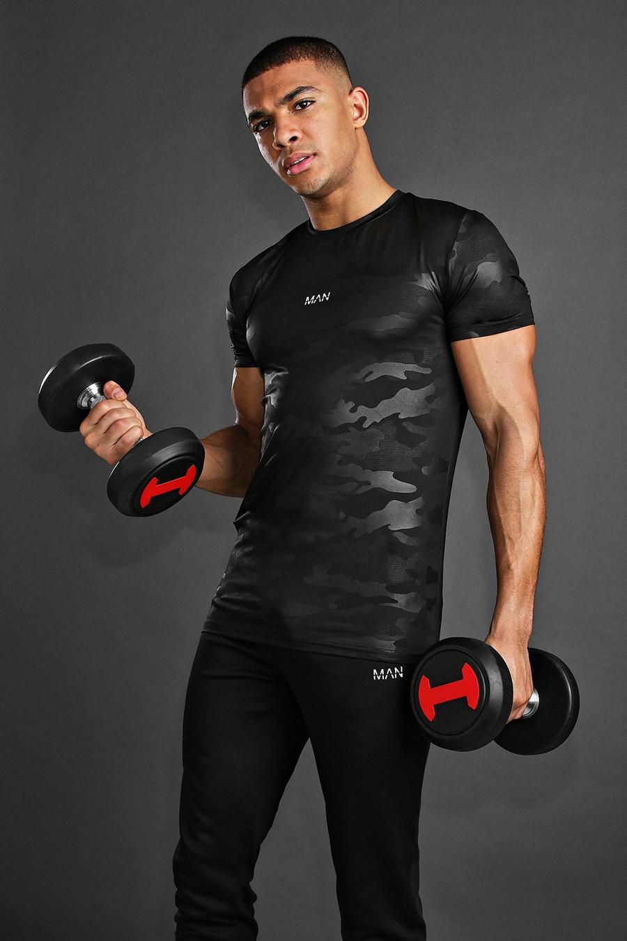 MAN Active Muscle-Fit T-Shirt aus auffälligem Material, Schwarz image number 1