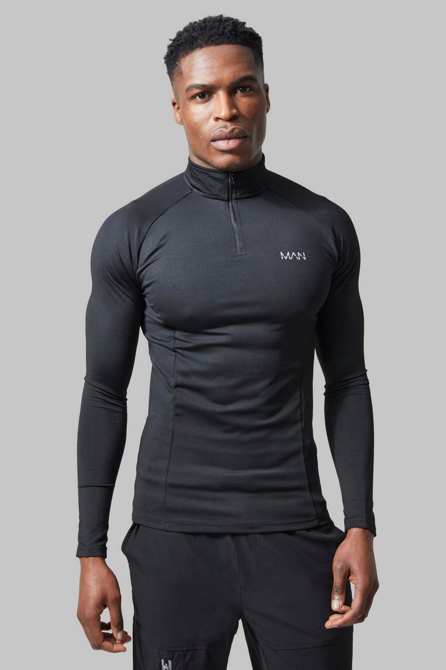 Black svart MAN Active Träningstopp med raglanärm, kort dragkedja och muscle fit image number 1