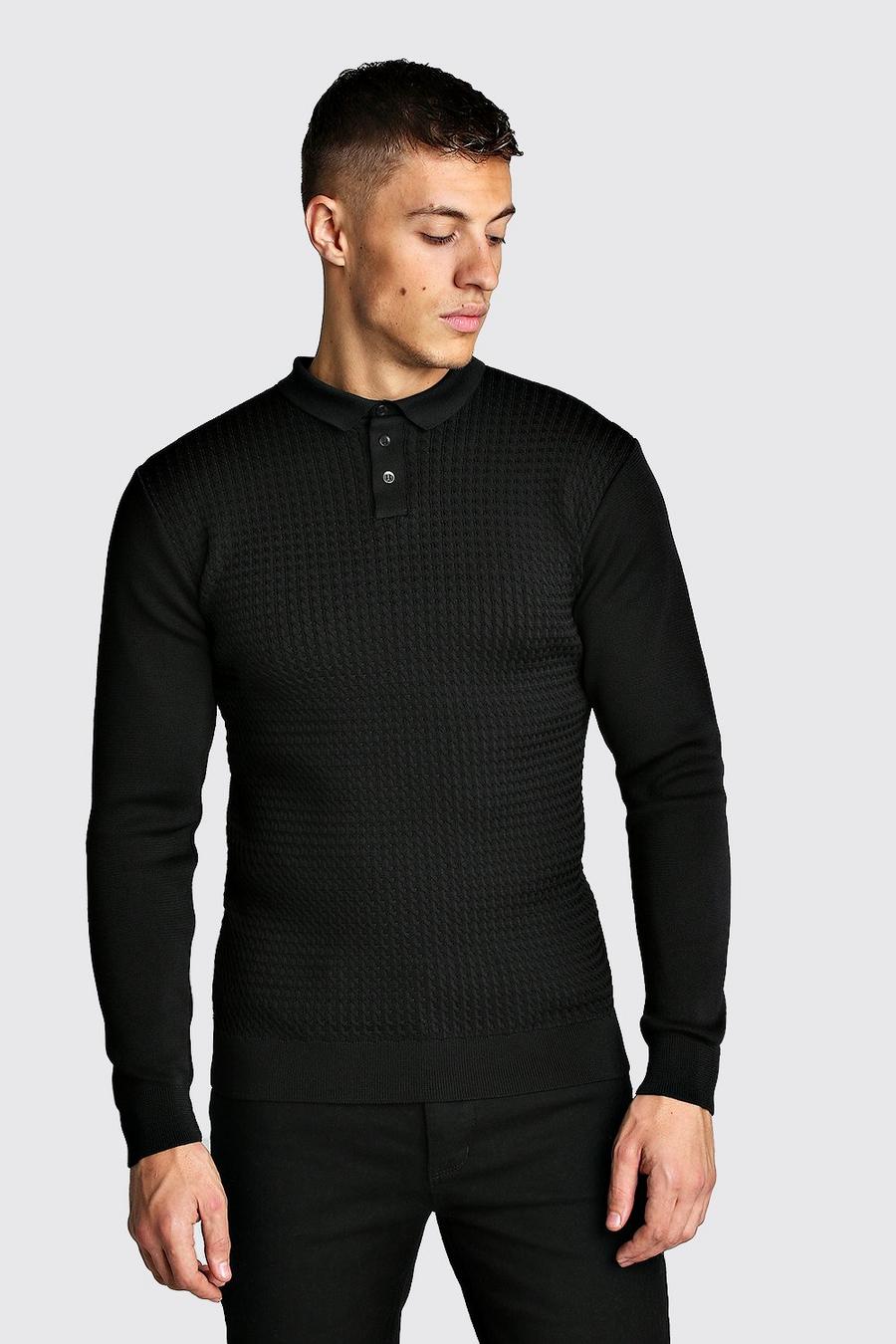 Black Muscle Fit Knitted Polo With Textured Body image number 1