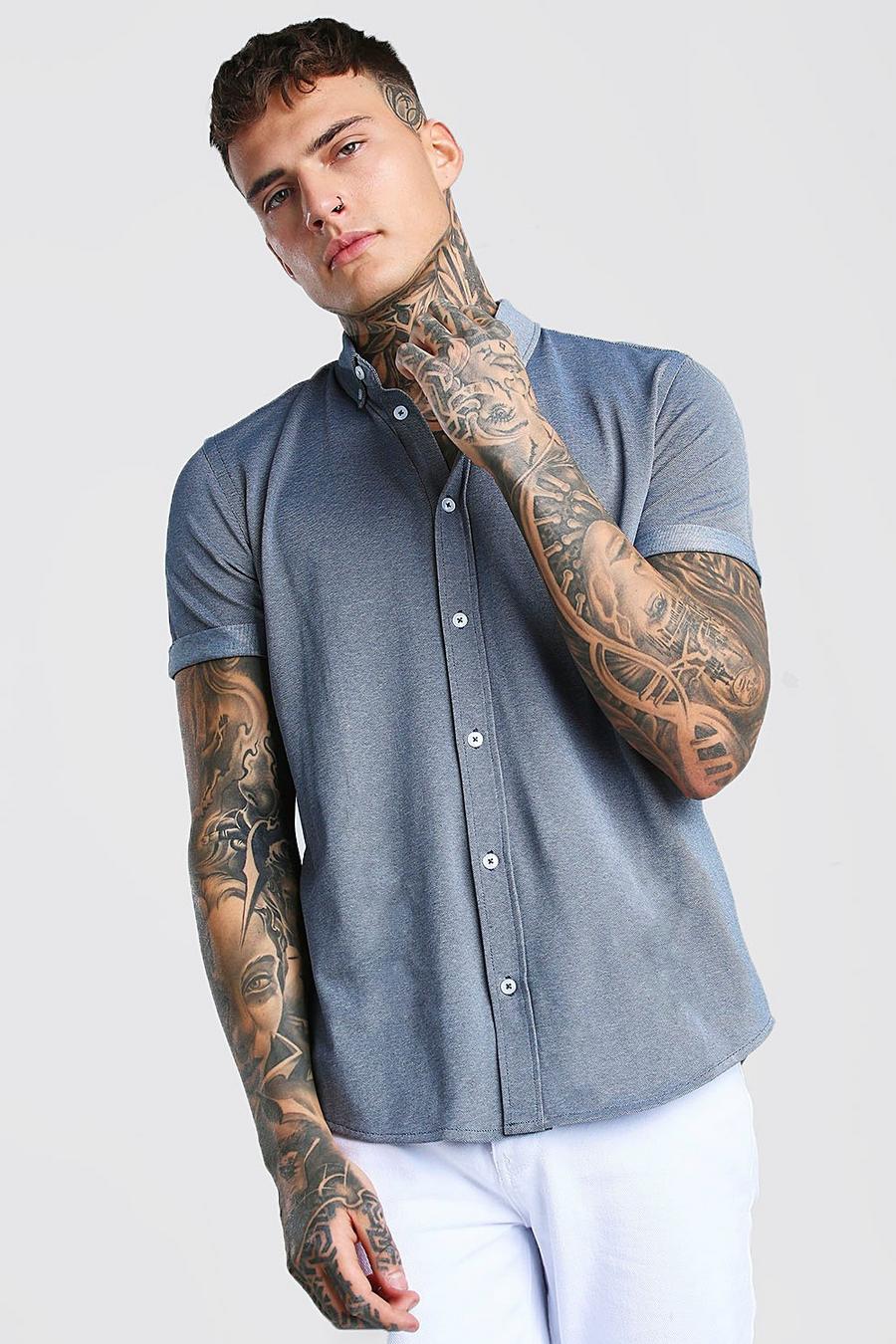Blue Short Sleeve Regular Collar Pique Shirt image number 1