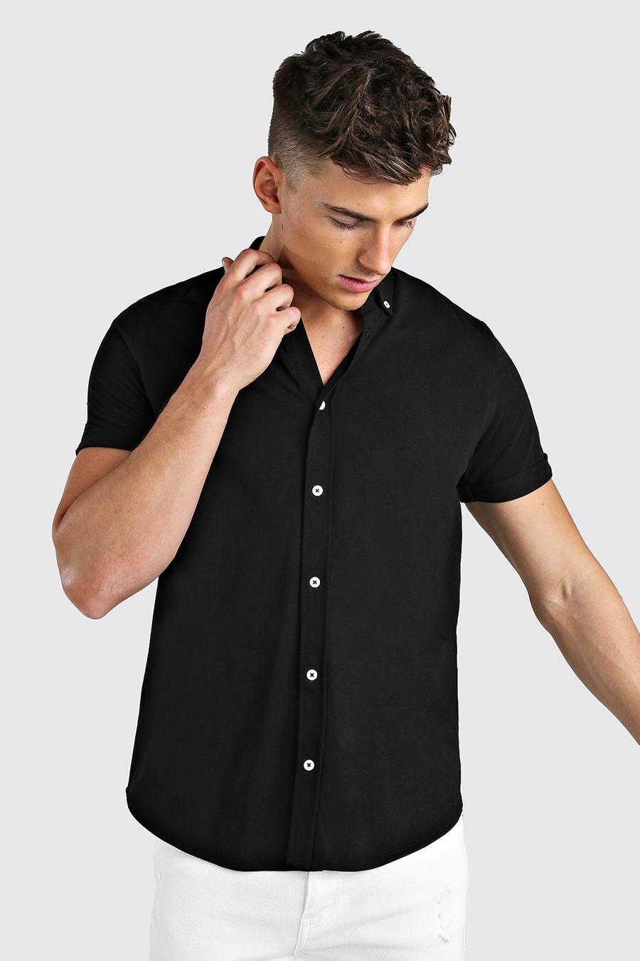 Black Short Sleeve Regular Collar Pique Shirt image number 1