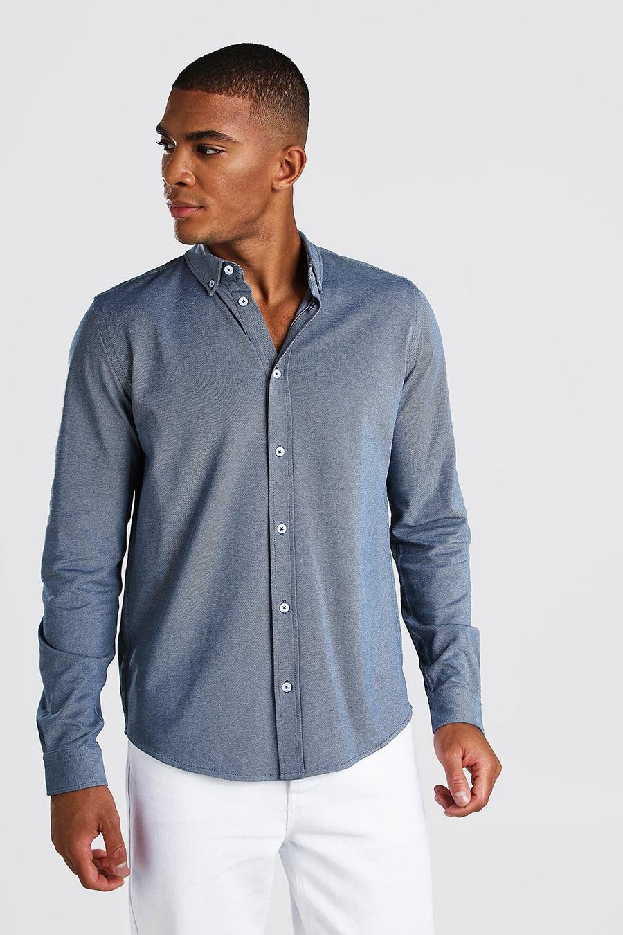 Blue Long Sleeve Regular Collar Pique Shirt With Cuff image number 1