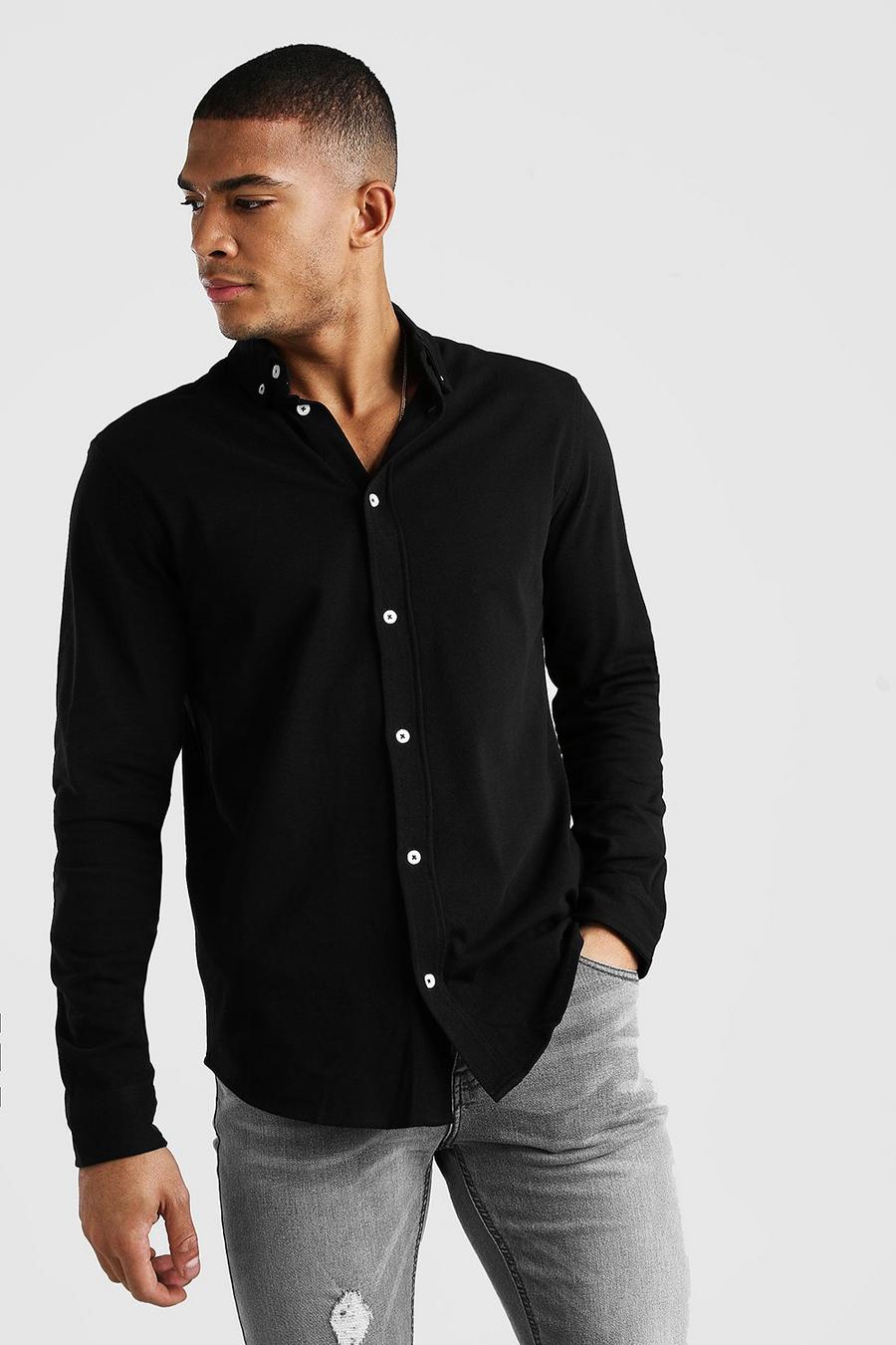 Black Long Sleeve Regular Collar Pique Shirt With Cuff image number 1