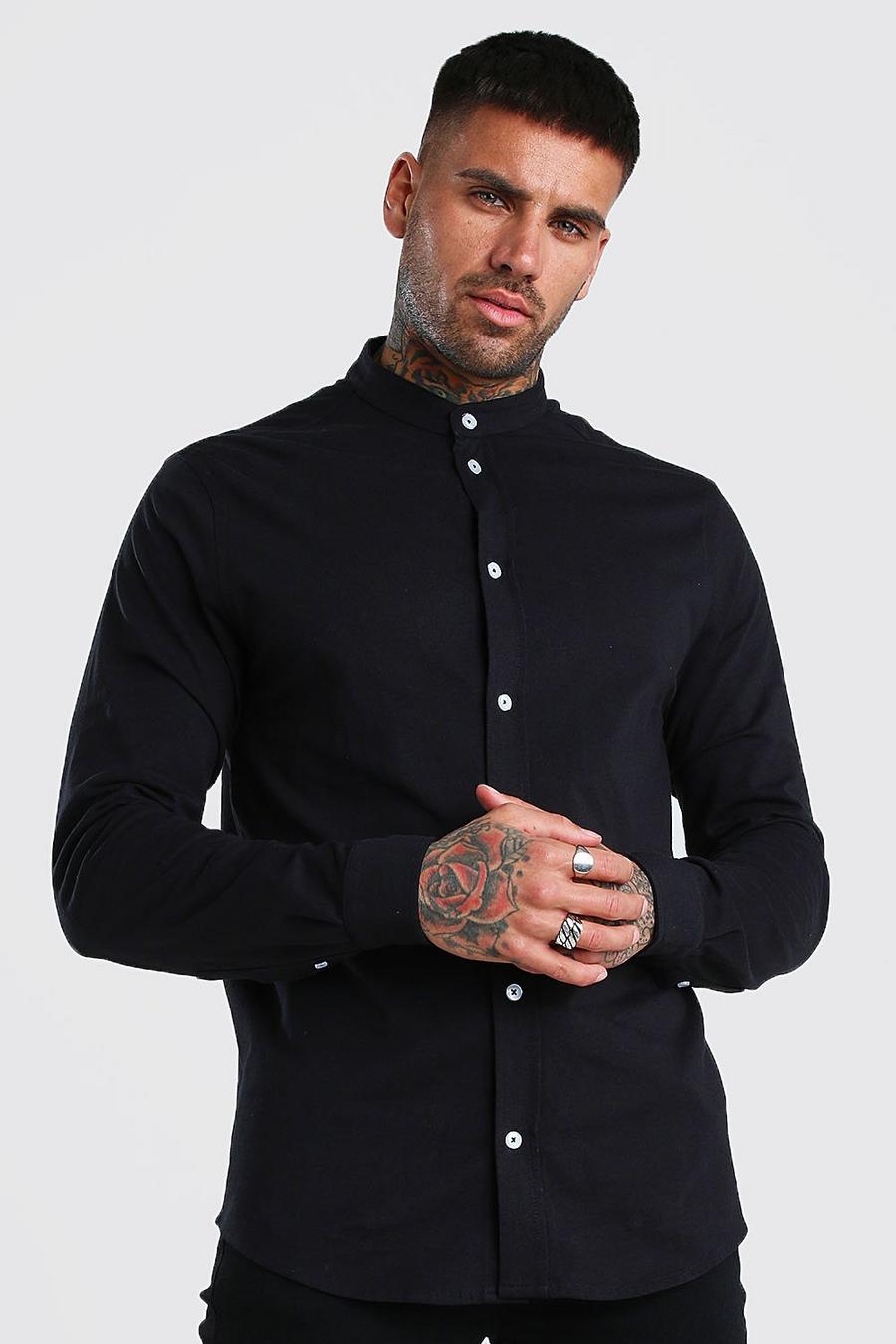 Black Long Sleeve Grandad Pique Shirt With Cuff image number 1