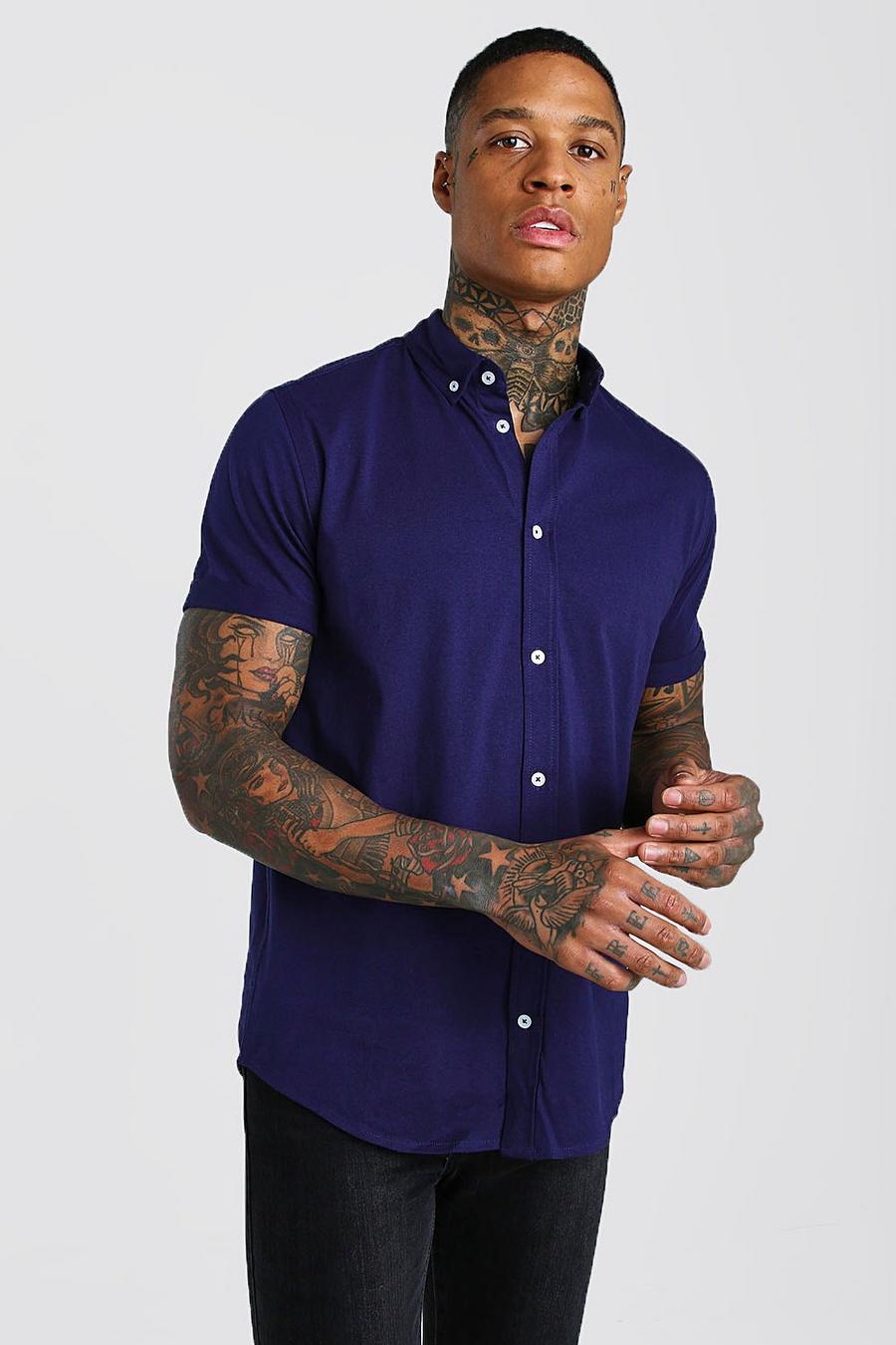 Short Sleeve Regular Collar Jersey Shirt, Navy image number 1