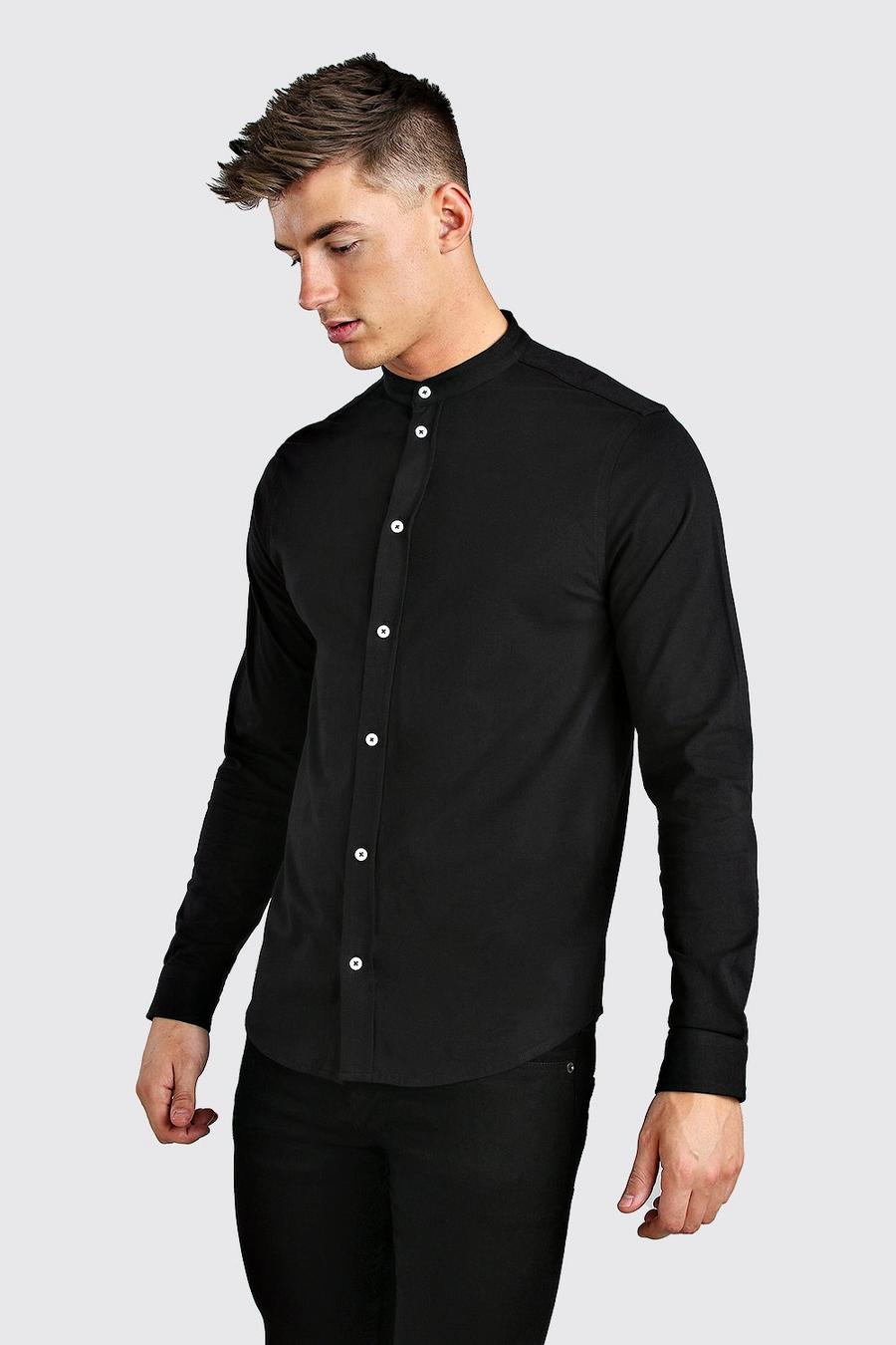 Black Long Sleeve Grandad Jersey Shirt With Cuff image number 1