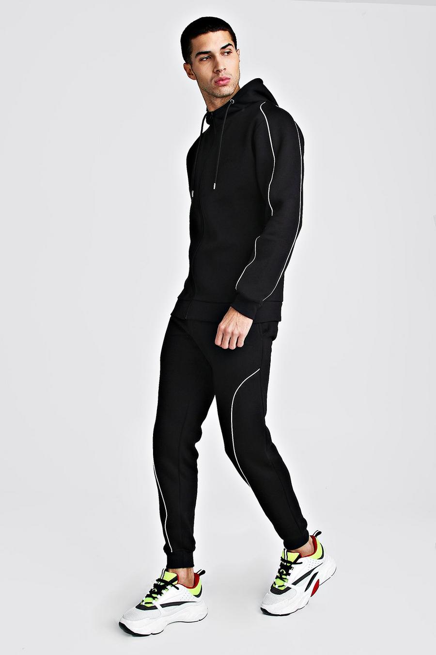 Black MAN Signature Hooded Reflective Piping Tracksuit image number 1