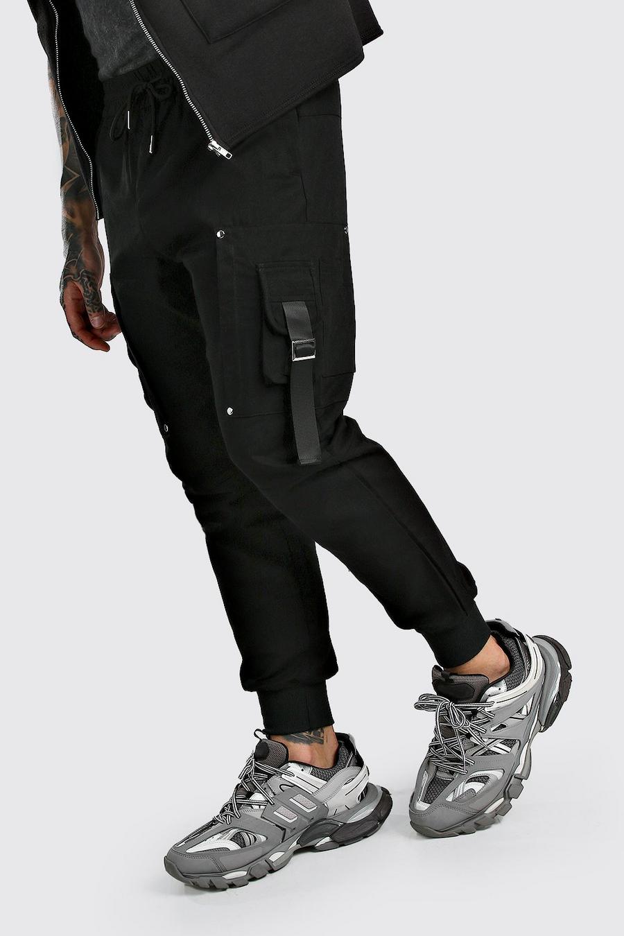Black Woven Cargo Jogger With Strap Detail image number 1