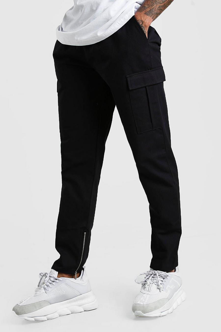 Black Zip Ankle Twill Cargo Pants image number 1