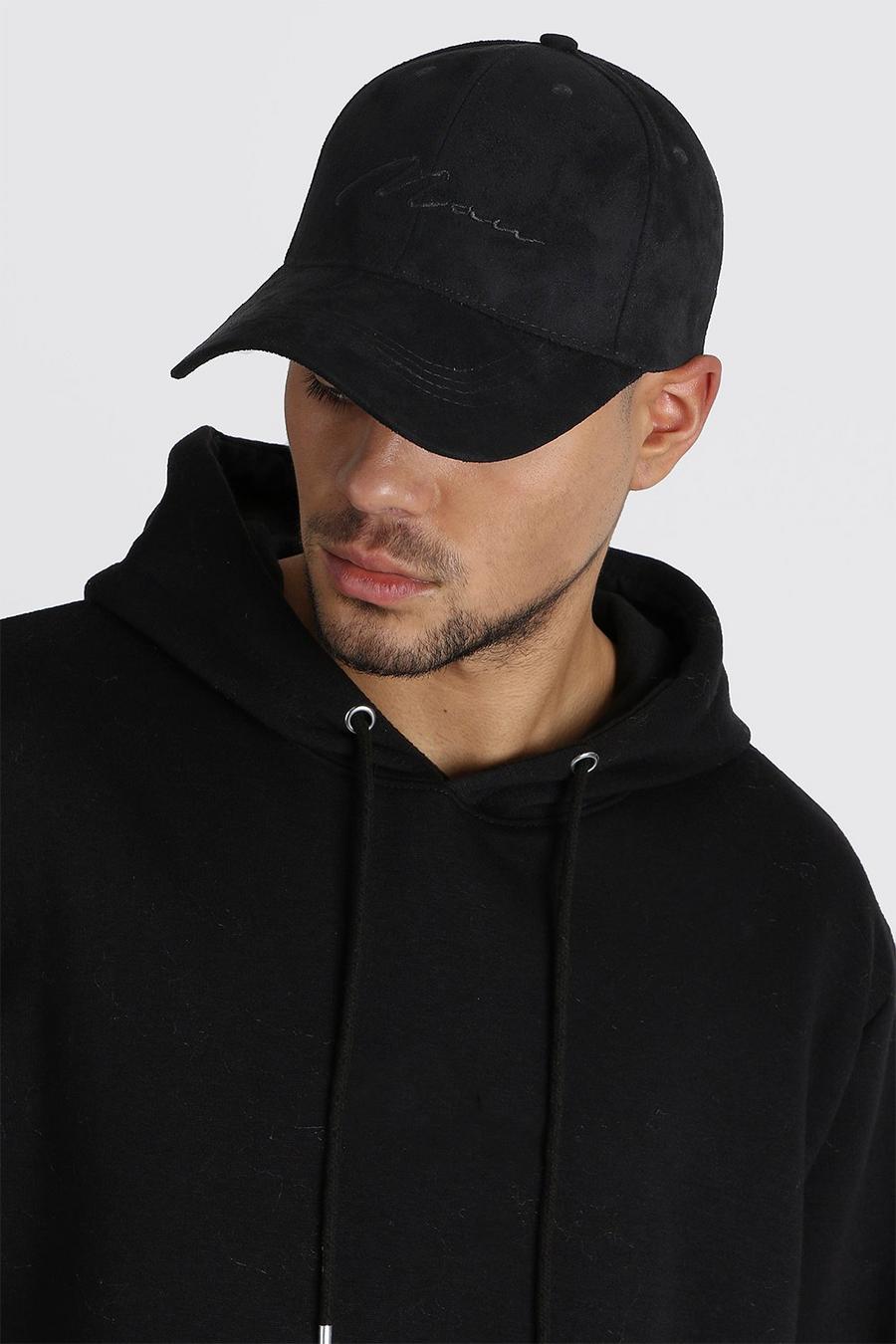 שחור כובע מצחייה מבד דמוי זמש עם חתימת MAN רקומה image number 1