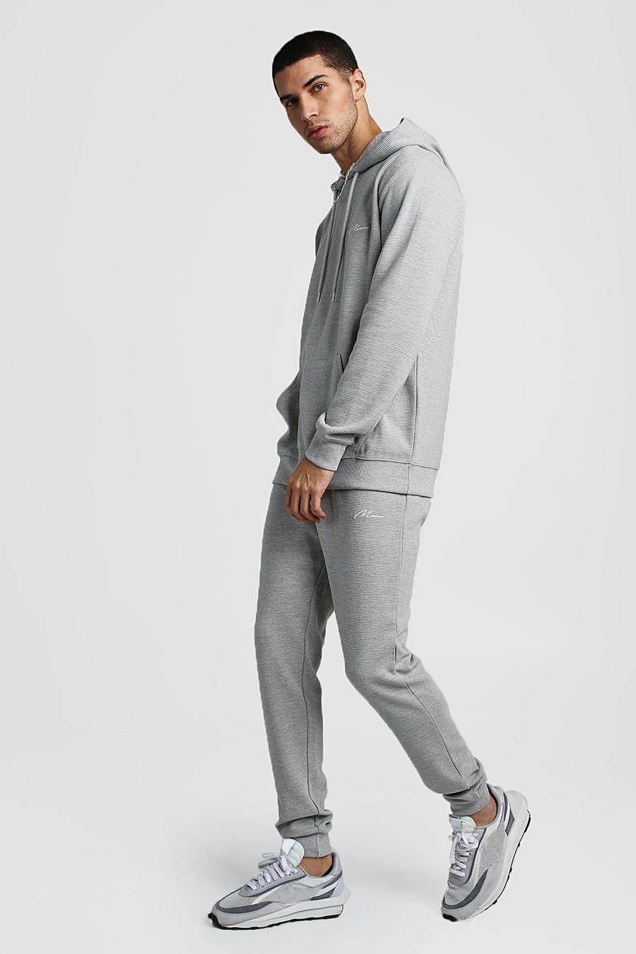 Grey marl MAN Signature Ribbed Hooded Tracksuit image number 1
