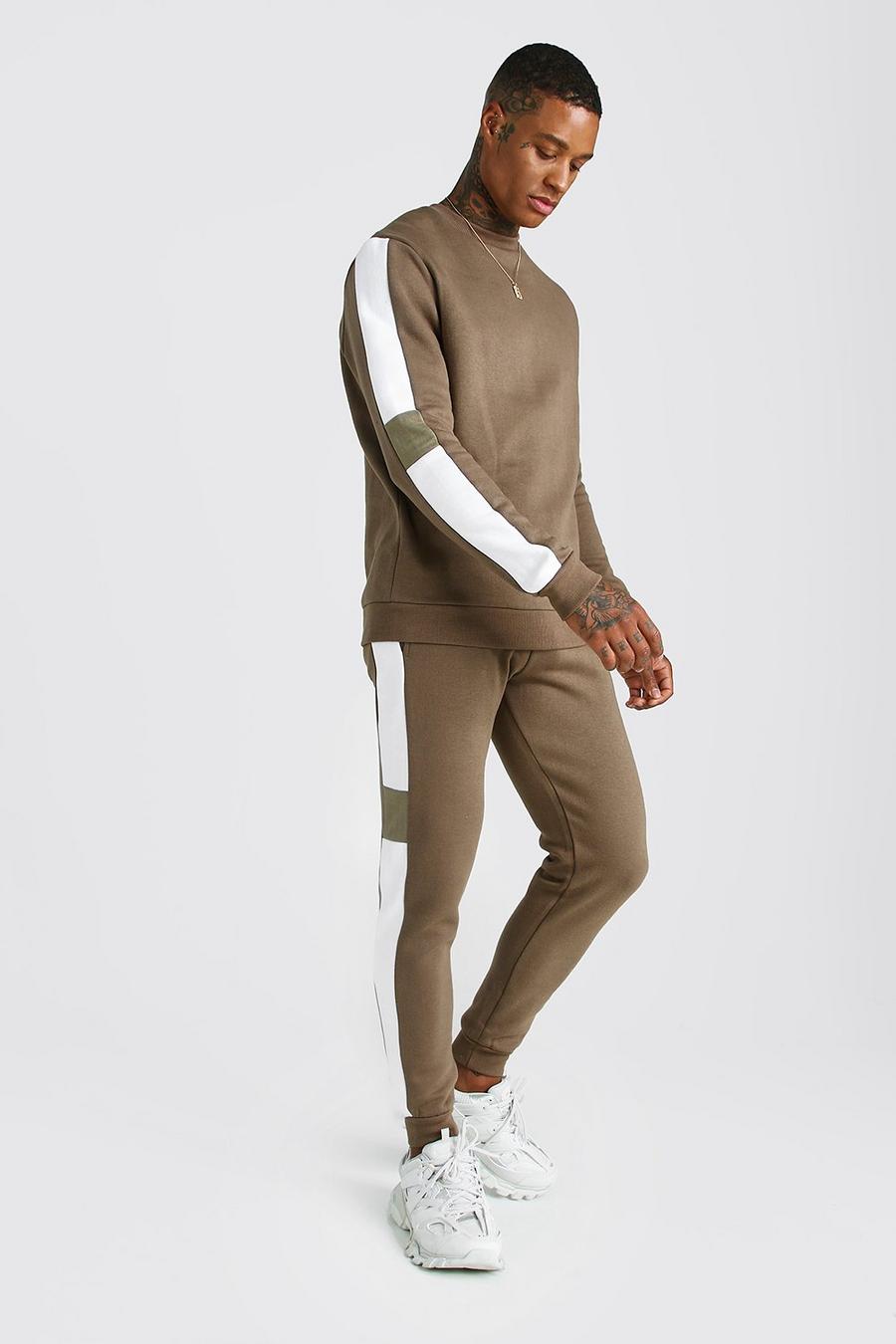 Khaki Sweater Tracksuit With Contrast Side Panels image number 1