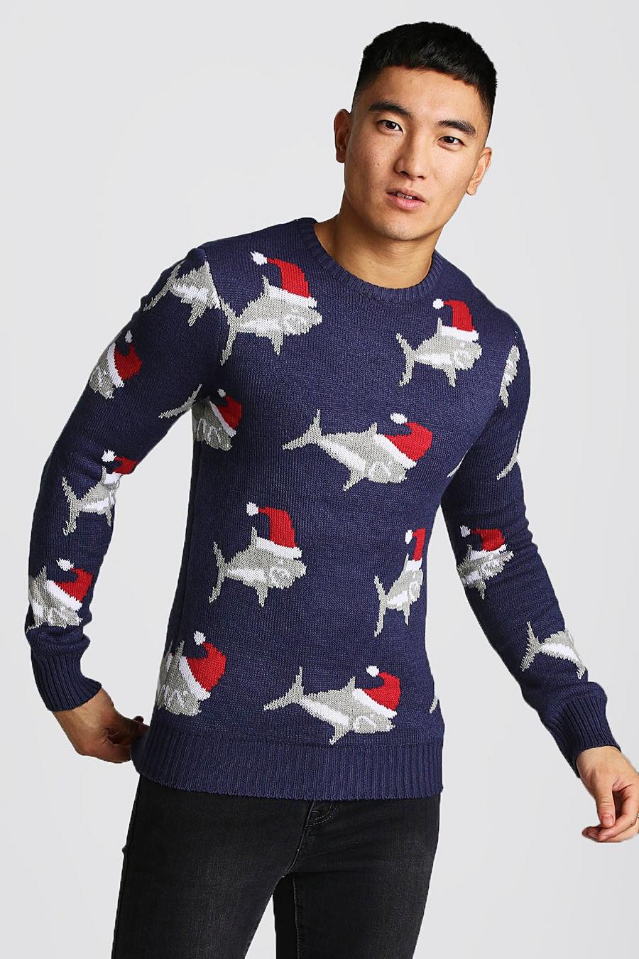 Navy Shark Design Christmas Sweater image number 1