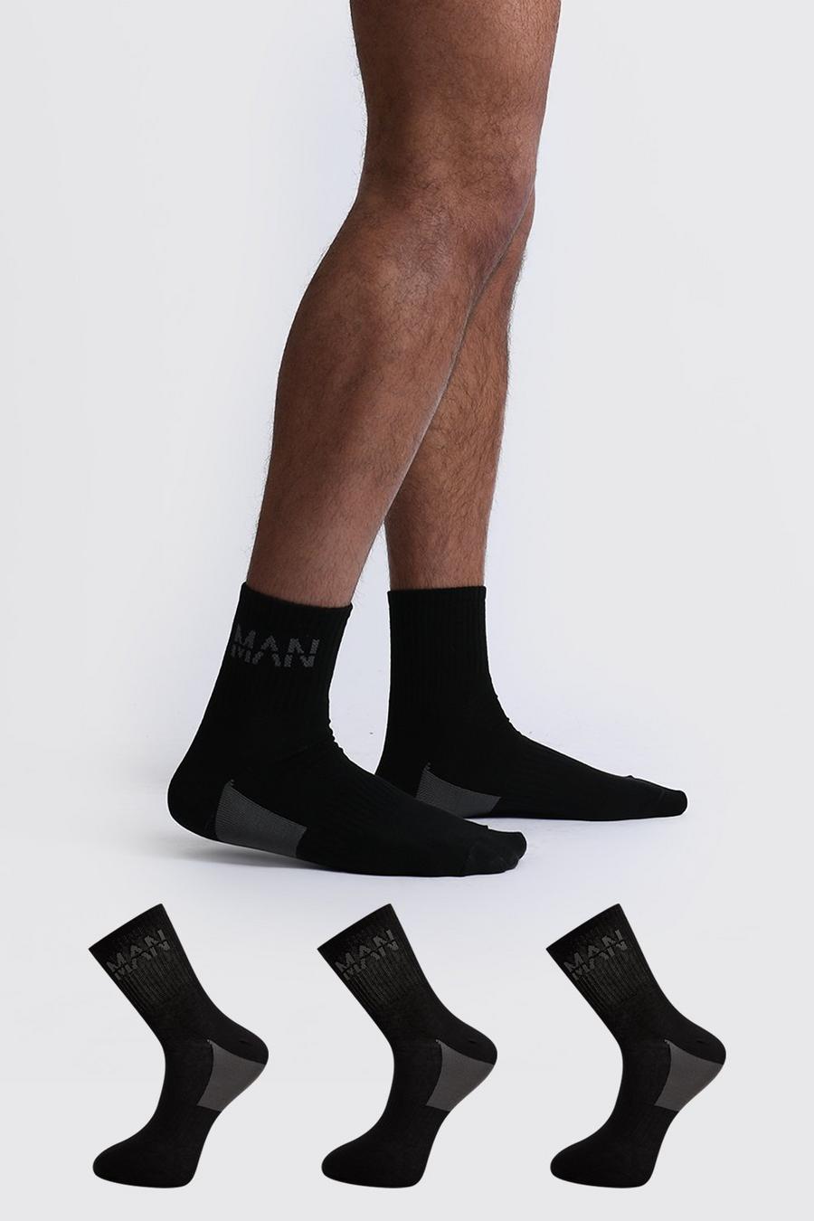 Pack de 3 pares de calcetines con soporte en el talón y letras MAN, Negro