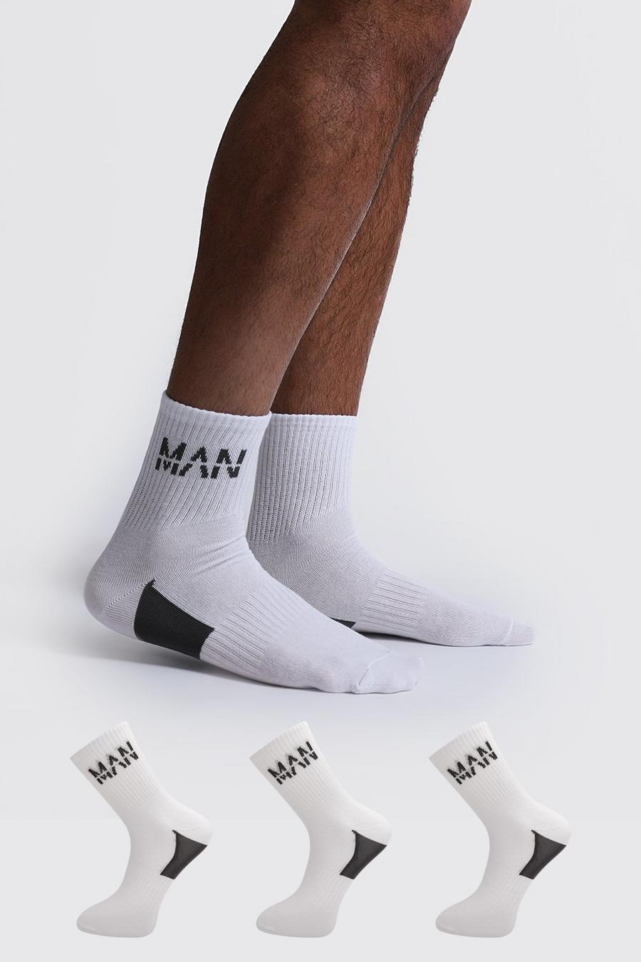 Pack de 3 pares de calcetines con soporte en el talón y letras MAN, Blanco