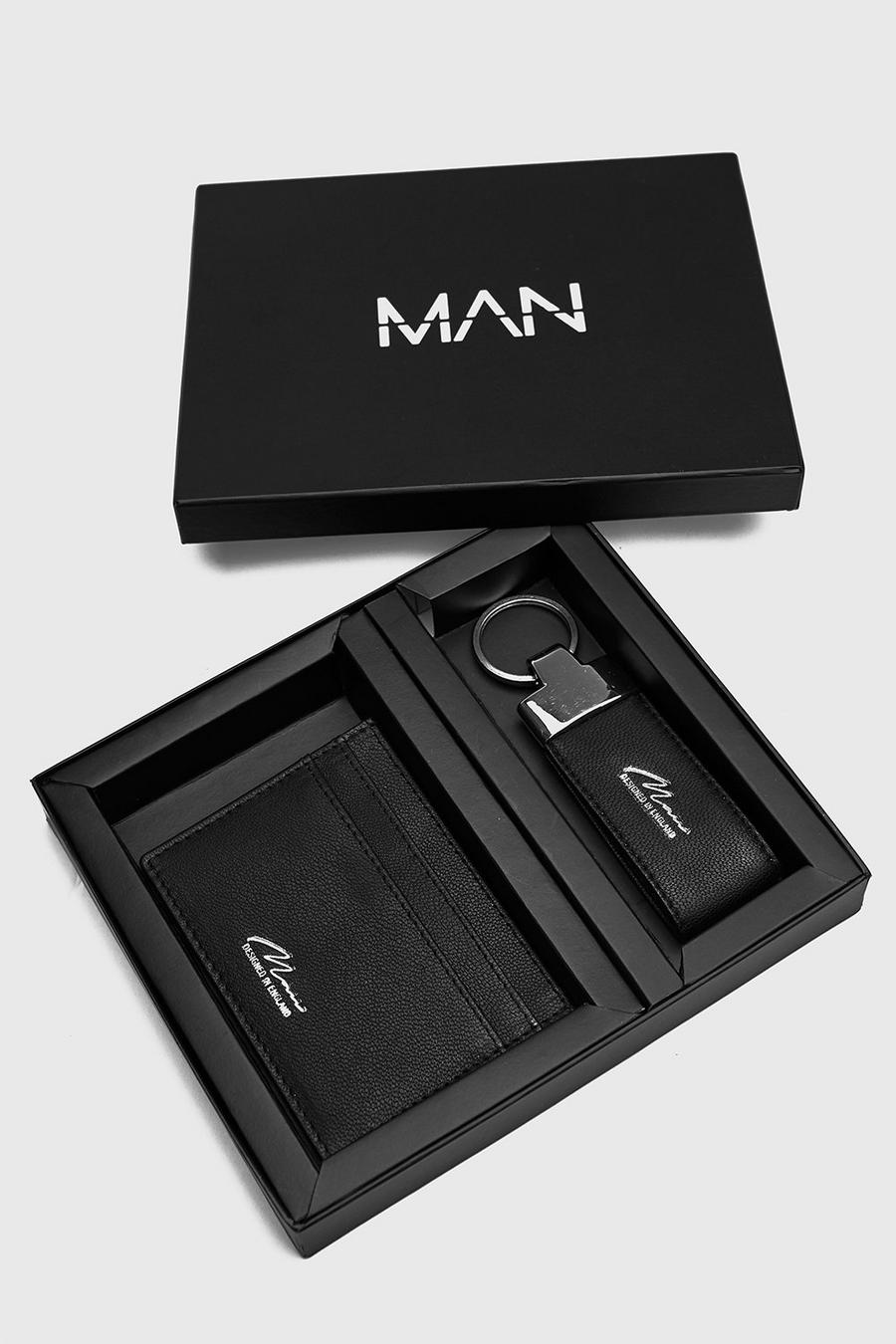 Black Real Leather Cardholder And Key Ring Gift Set
