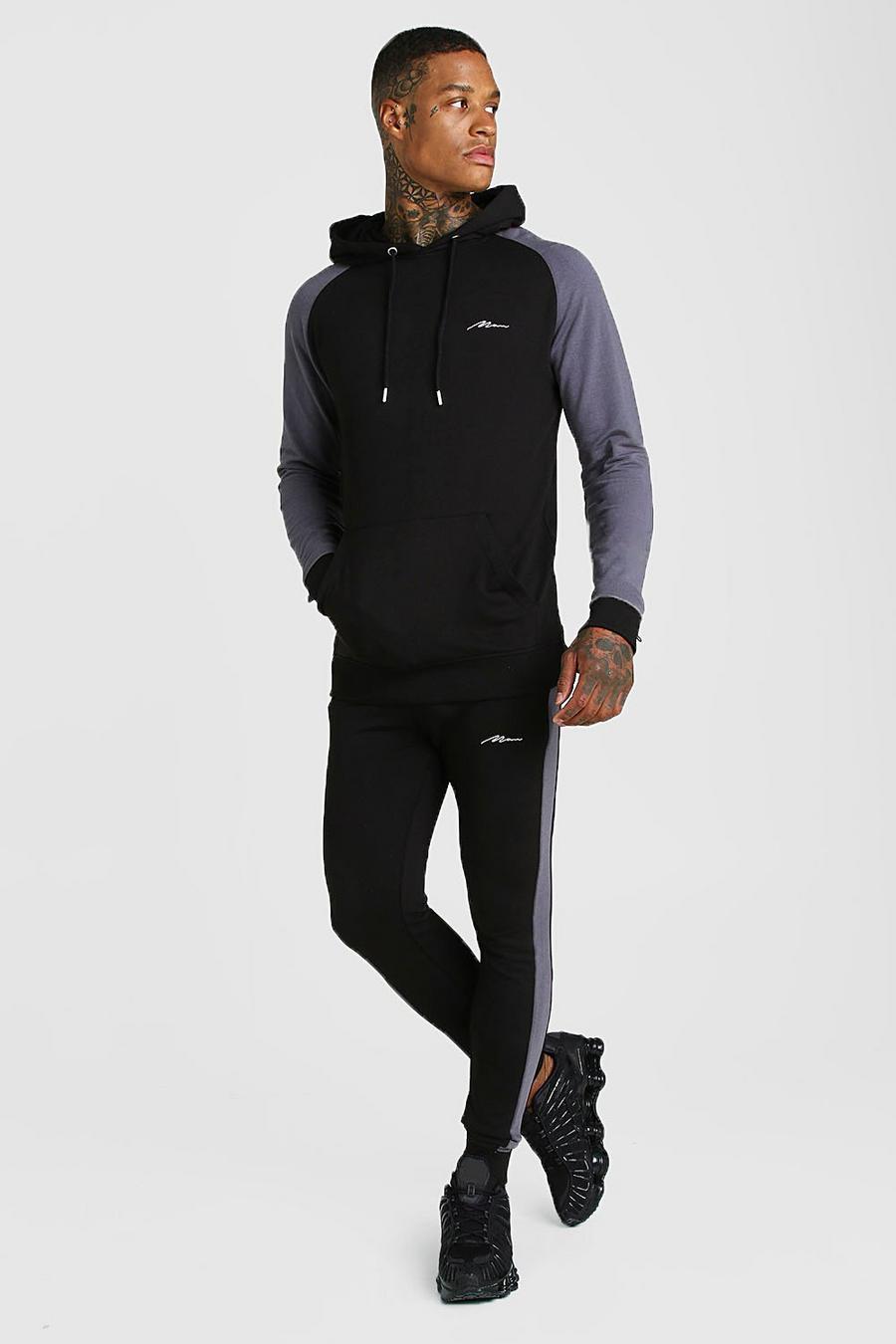 Black MAN Signature Muscle Fit Contrast Sleeve Tracksuit image number 1