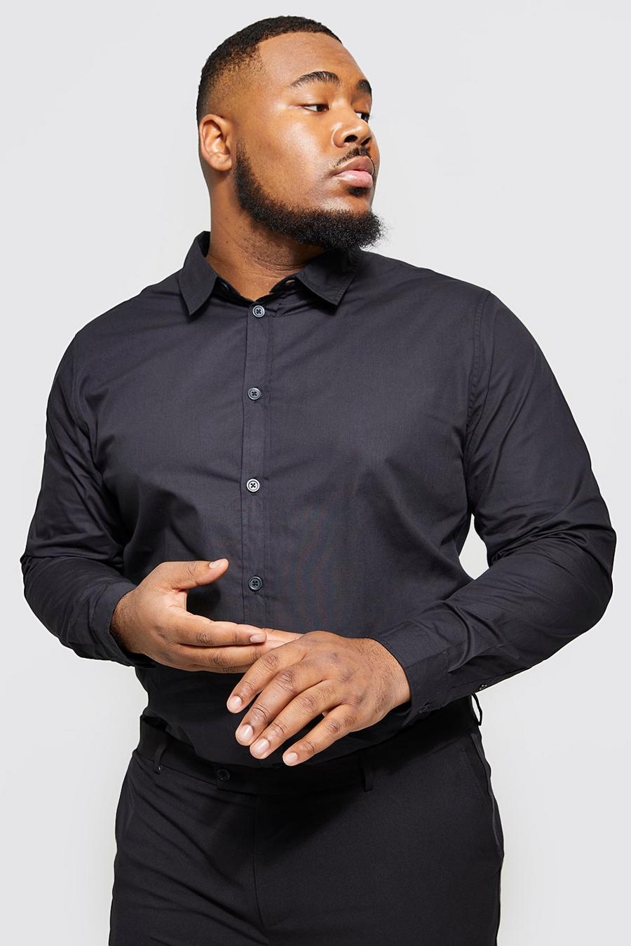 Black Plus Size Katoenen Poplin Overhemd Met Lange Mouwen