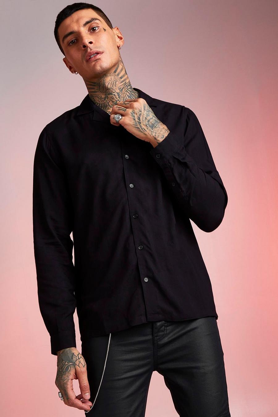 Black Long Sleeve Revere Collar Viscose Shirt image number 1