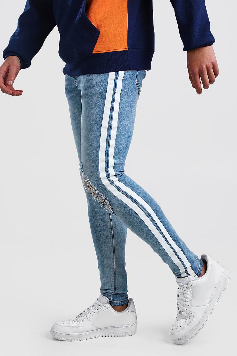 כחול בהיר סופר סקיני ג'ינס פסים צבועים עם קרעים image number 1