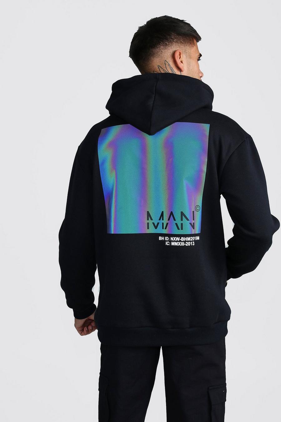 Black Original MAN Hoodie med reflekterande tryck i regnbågsfärger image number 1