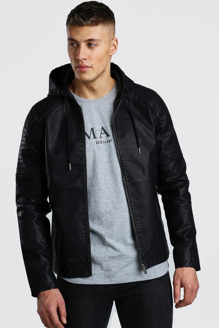 Faux Leather Hooded Biker Jacket, Black image number 1