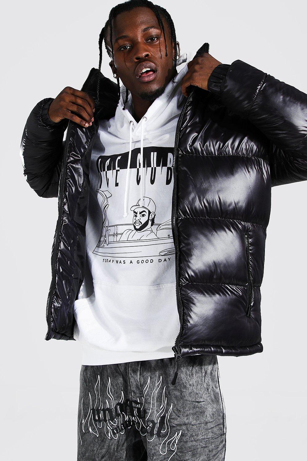 black high shine puffer jacket with fur hood