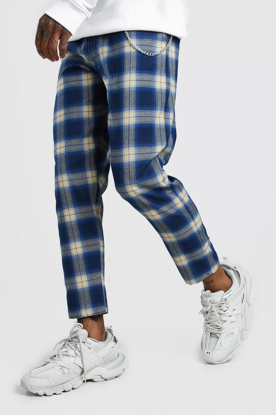 Blue blau Tartan Cropped Smart Trouser With Chain image number 1
