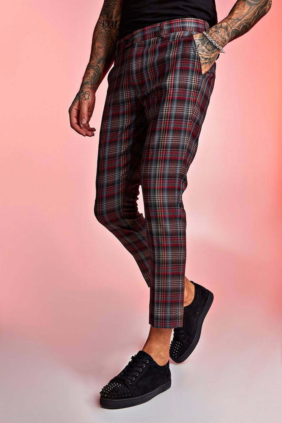 Red Tartan Skinny Fit Cropped Pants image number 1