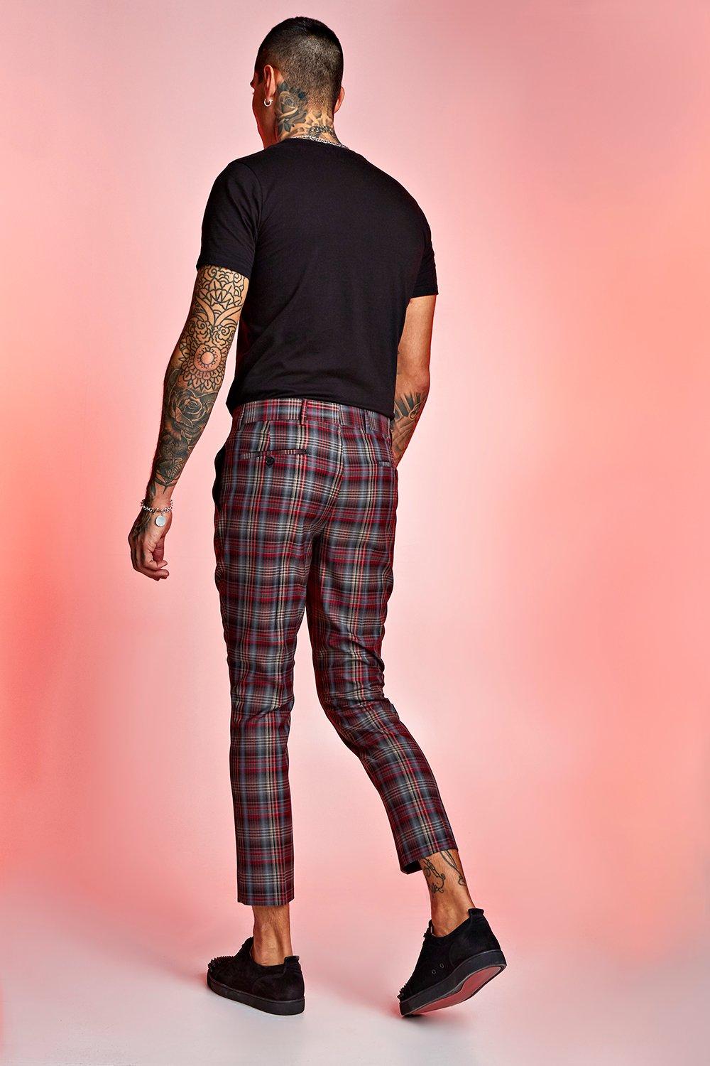 Red tartan skinny hot sale trousers mens