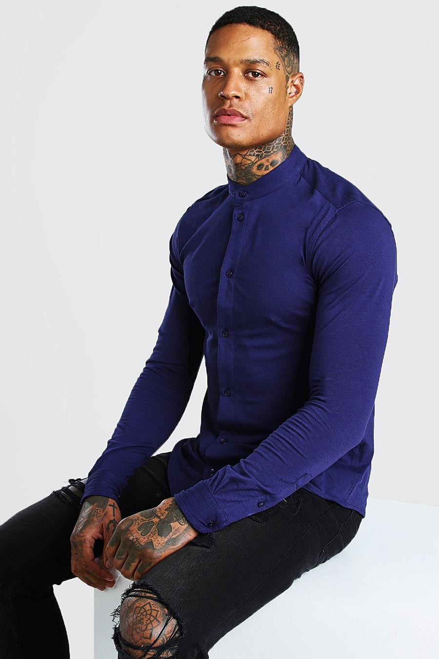 Marineblauw Muscle Fit Jersey Overhemd Met Opa Kraag En Lange Mouwen image number 1