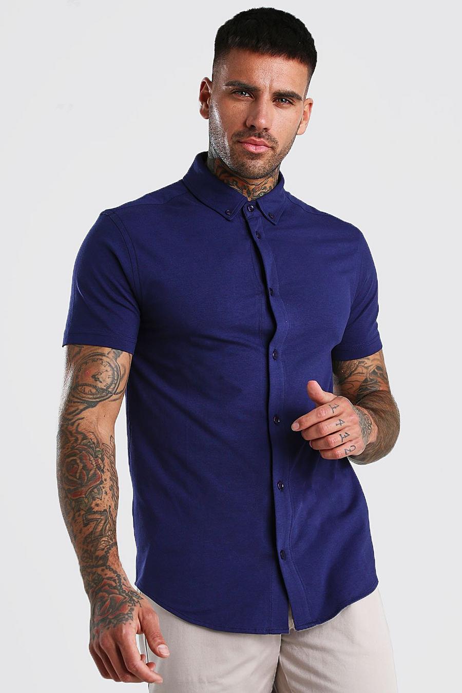 Marineblauw Jersey Muscle Fit Overhemd Met Korte Mouwen image number 1