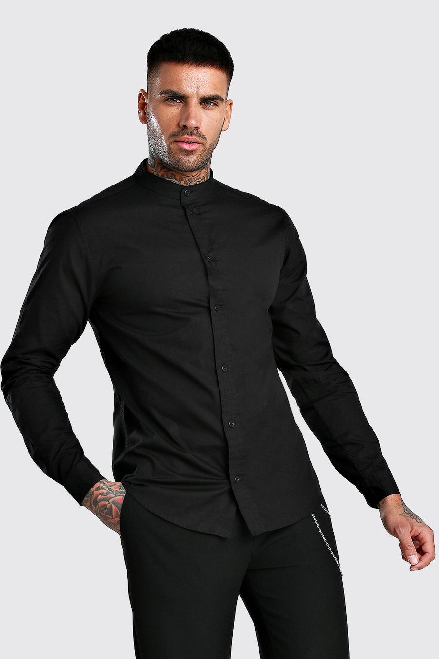 Black Grandad Collar Long Sleeve Cotton Poplin Shirt image number 1
