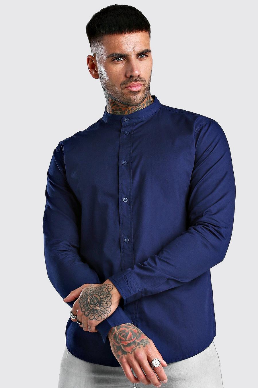 Navy Grandad Collar Long Sleeve Cotton Poplin Shirt image number 1