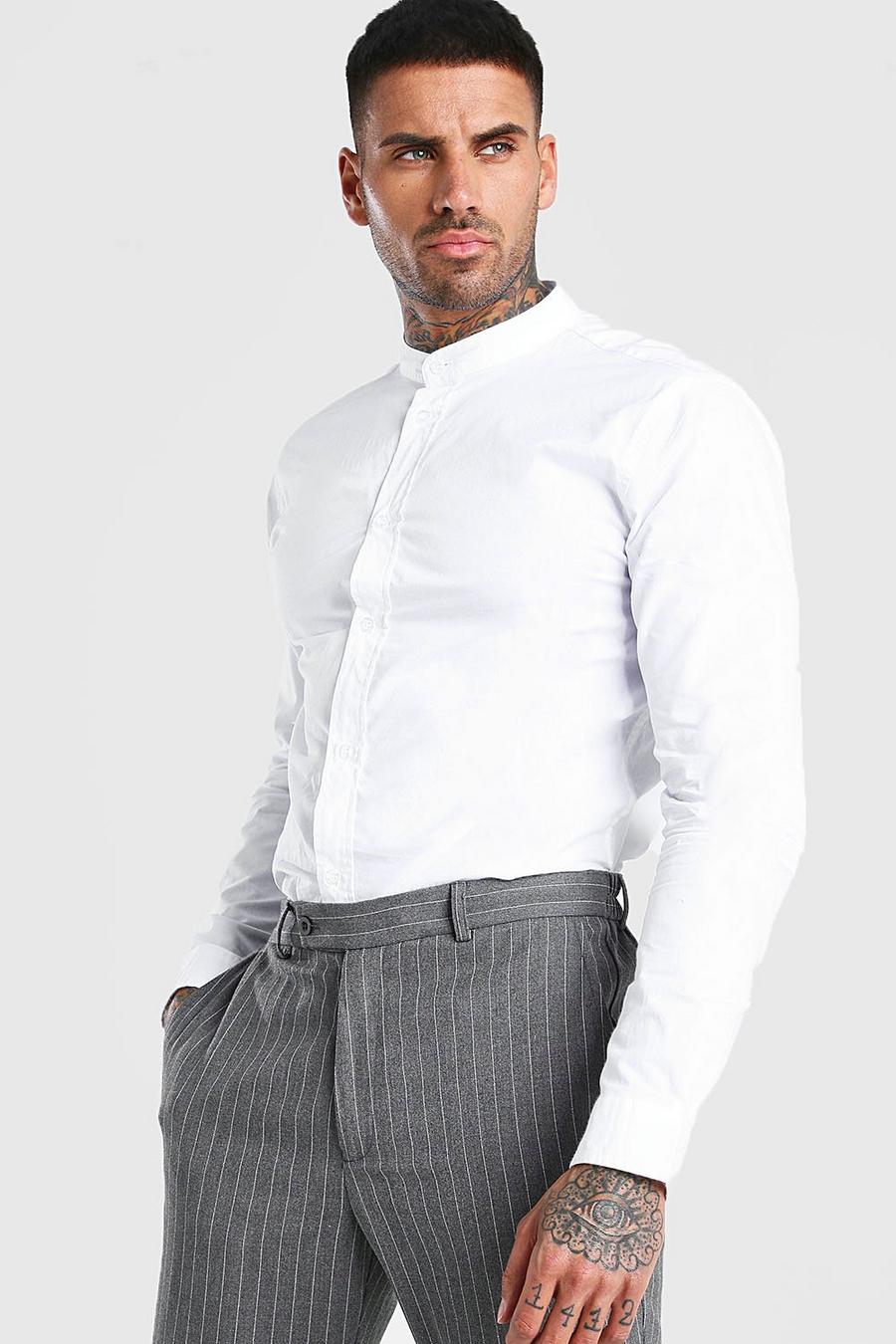 Camisa de manga larga de algodón de popelín con cuello Henley, Blanco image number 1