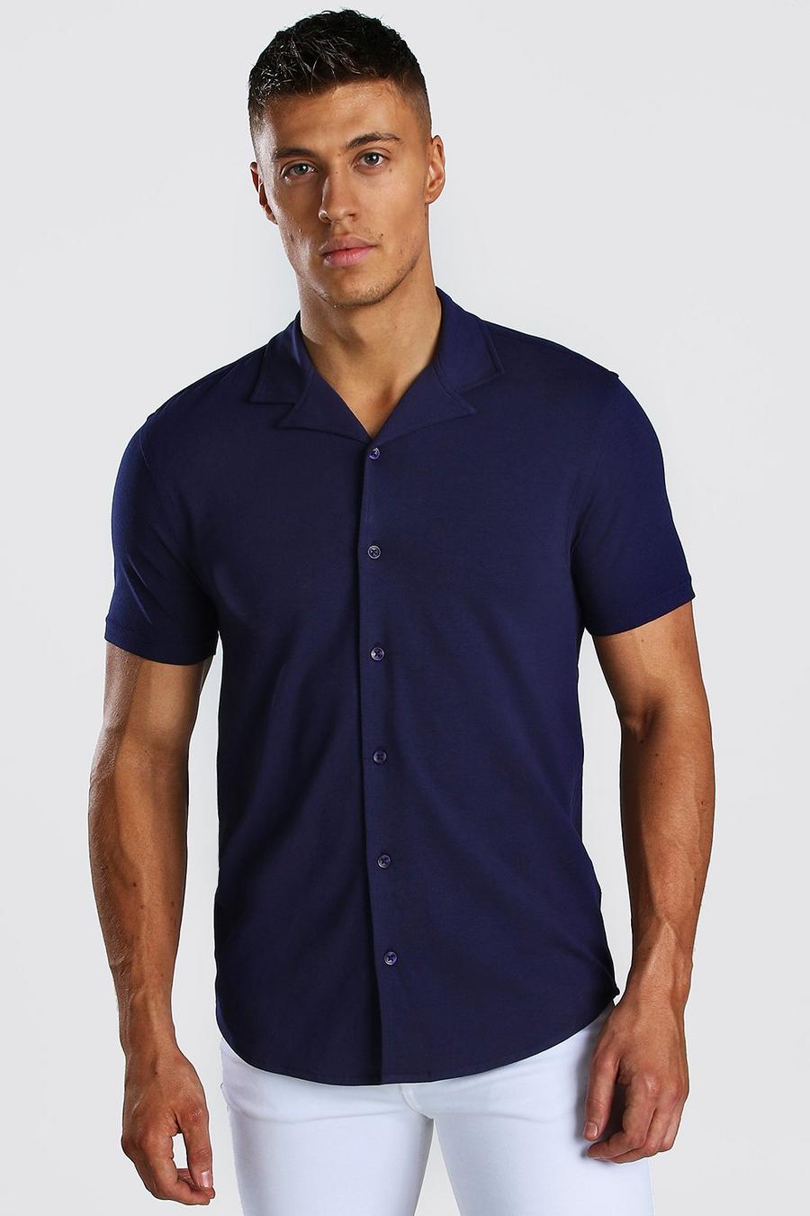 Marineblauw Muscle Fit Jersey shirt met korte mouwen en omgekeerde kraag image number 1