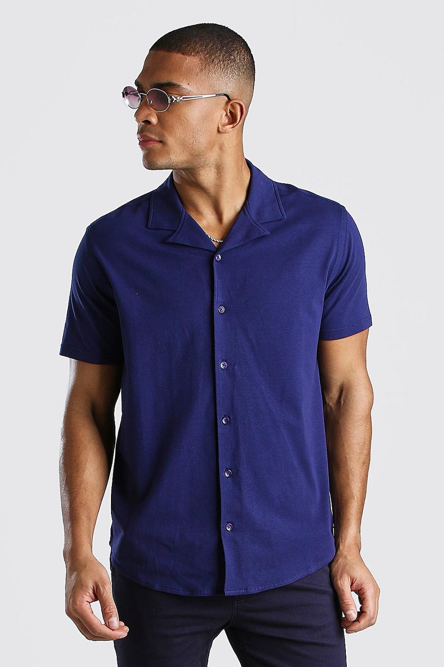 Navy Short Sleeve Revere Collar Jersey Shirt image number 1