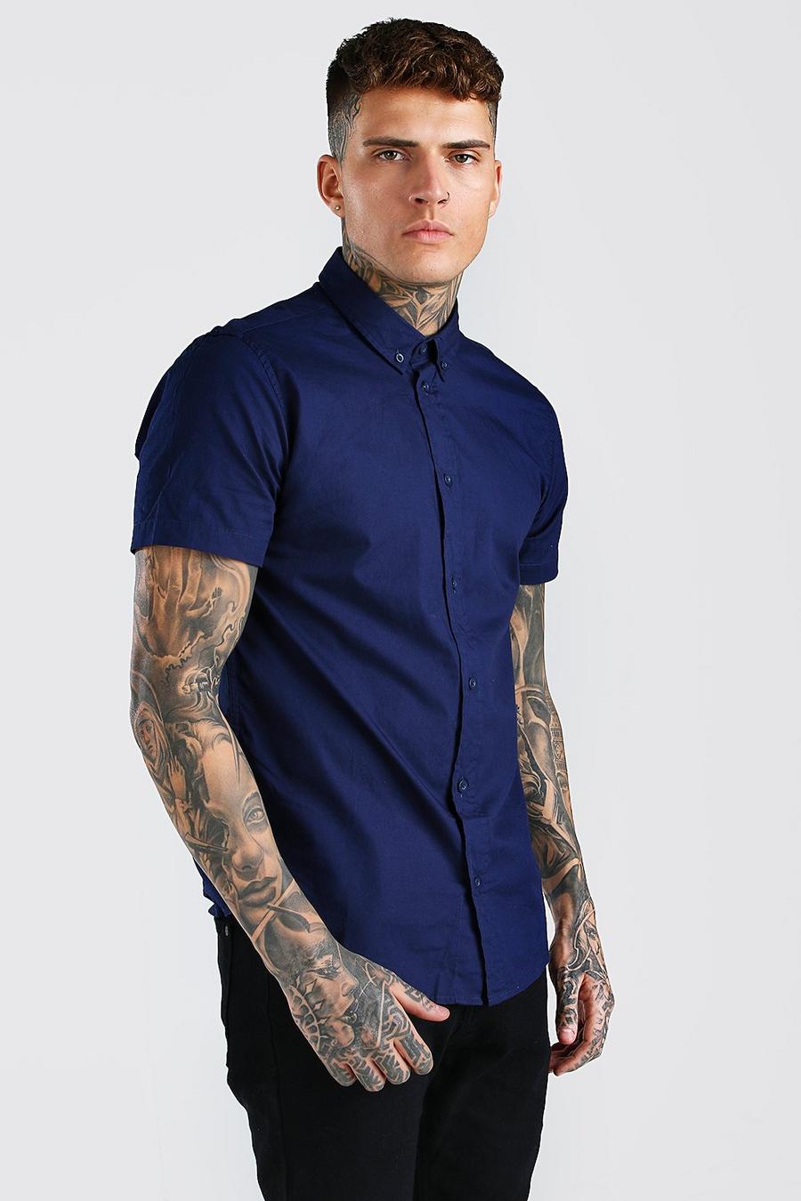 Camisa de manga corta en popelina y algodón, Azul marino image number 1