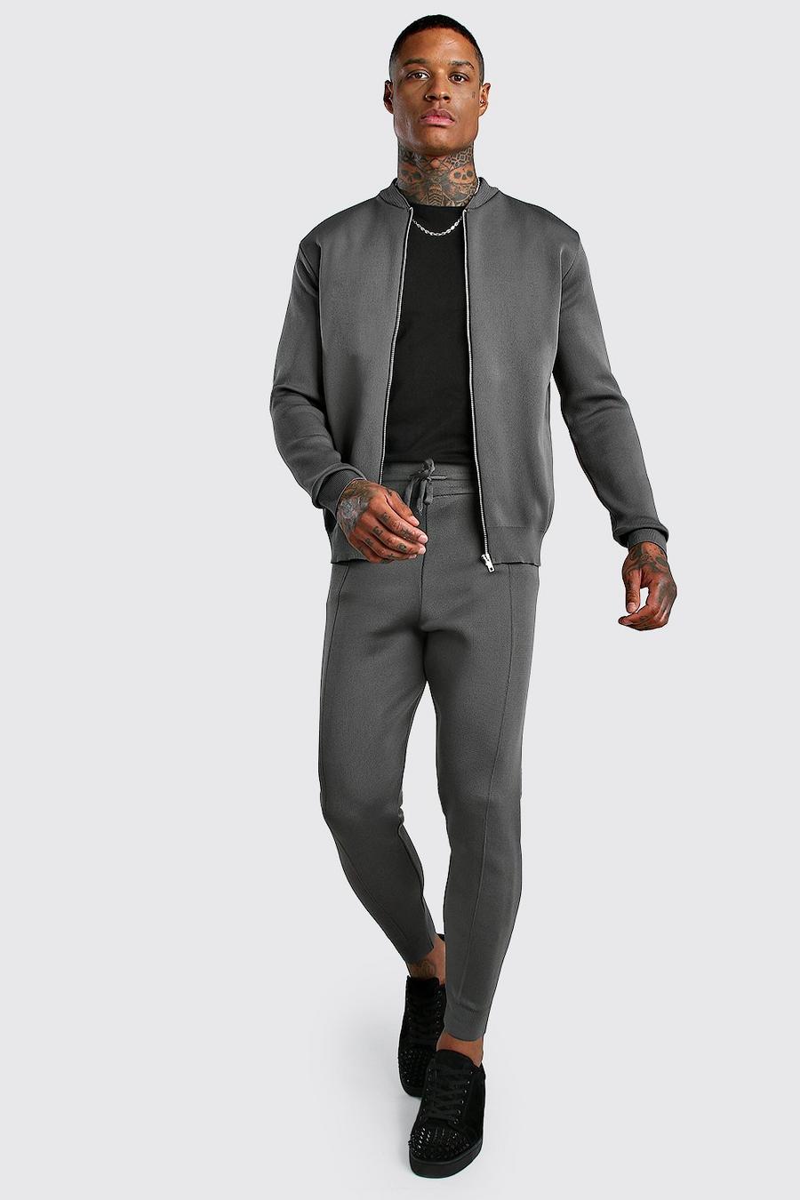 Charcoal grå Smart Knitted Bomber & Jogger Set image number 1