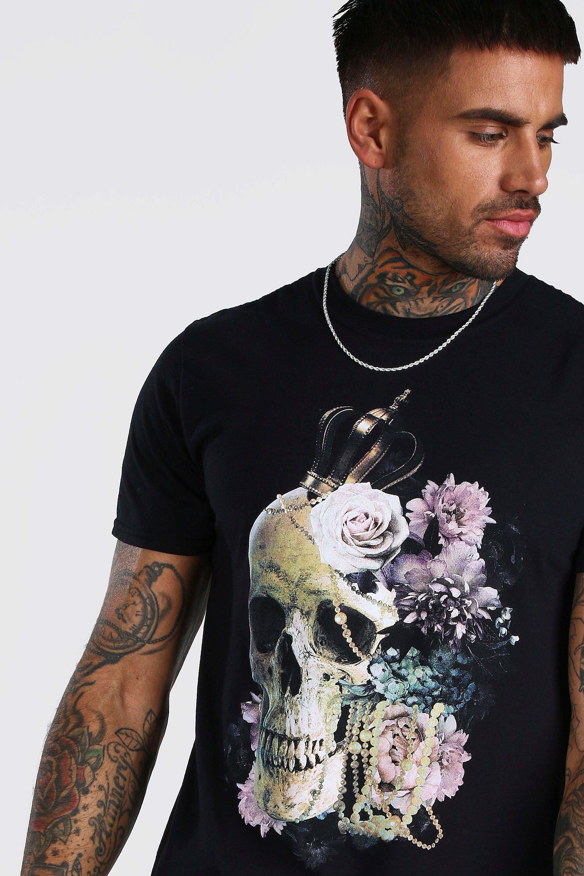 T shirt imprim t te de mort fleurs