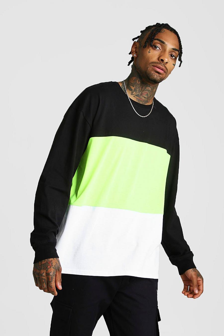 Neon-green Colour Block Oversized Long Sleeve T-shirt image number 1
