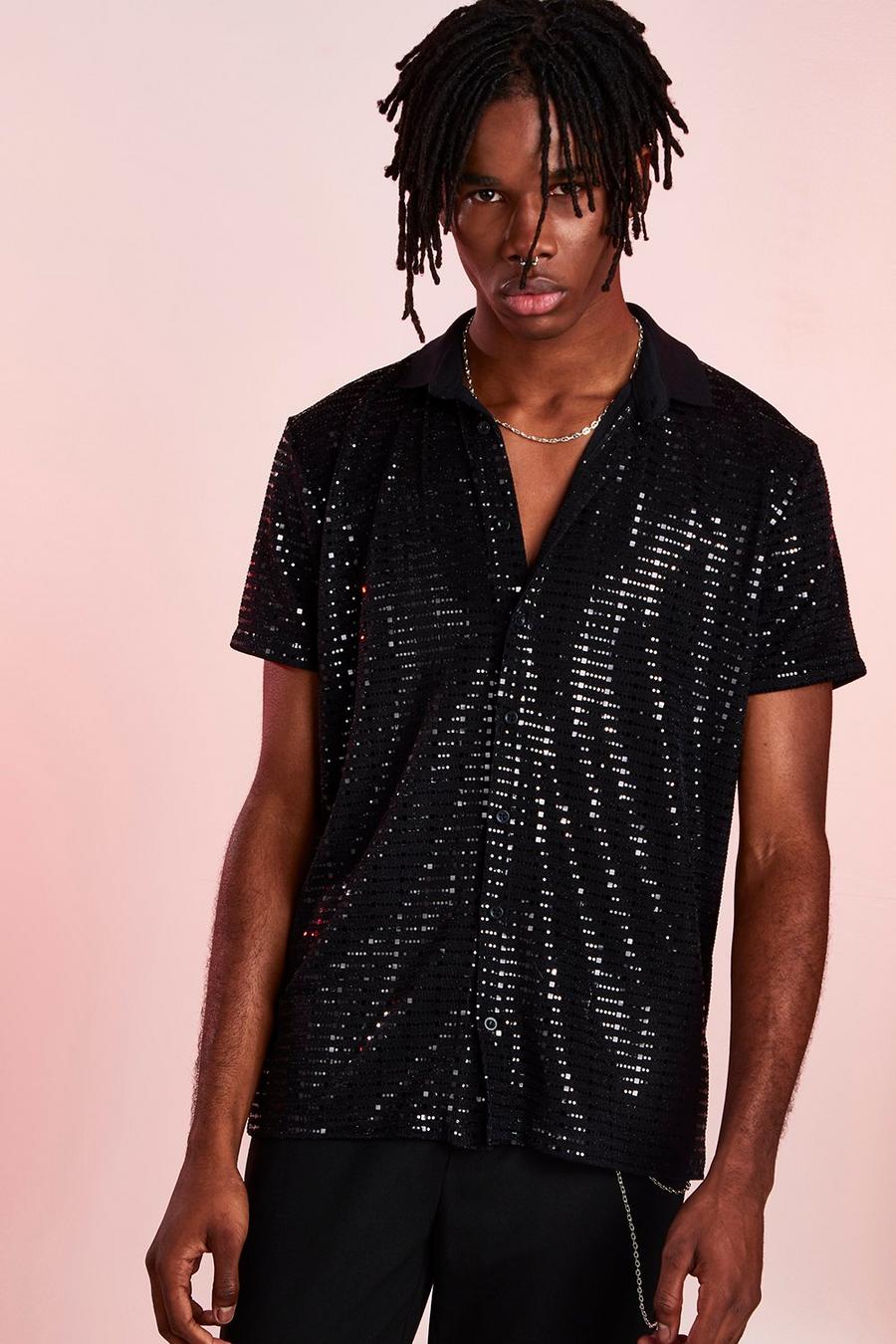Black Short Sleeve Sequin Party Shirt image number 1