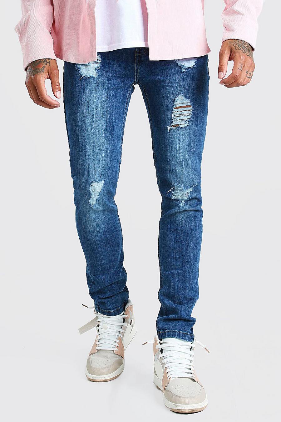 כחול ביניים סופר סקיני ג'ינס עם הרבה קרעים  image number 1