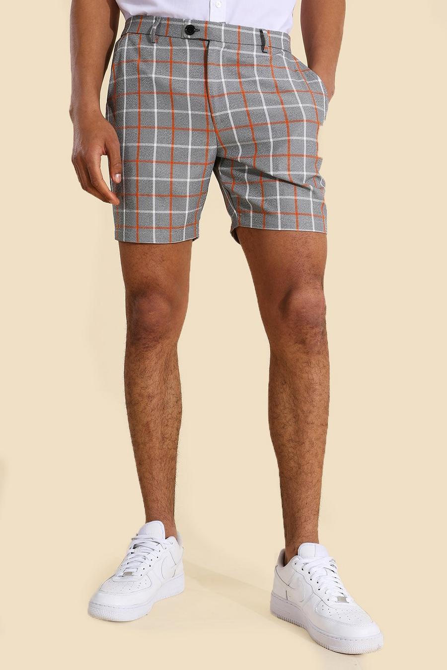Pantalón corto de largo medio de cuadros con cintura fijada, Naranja image number 1