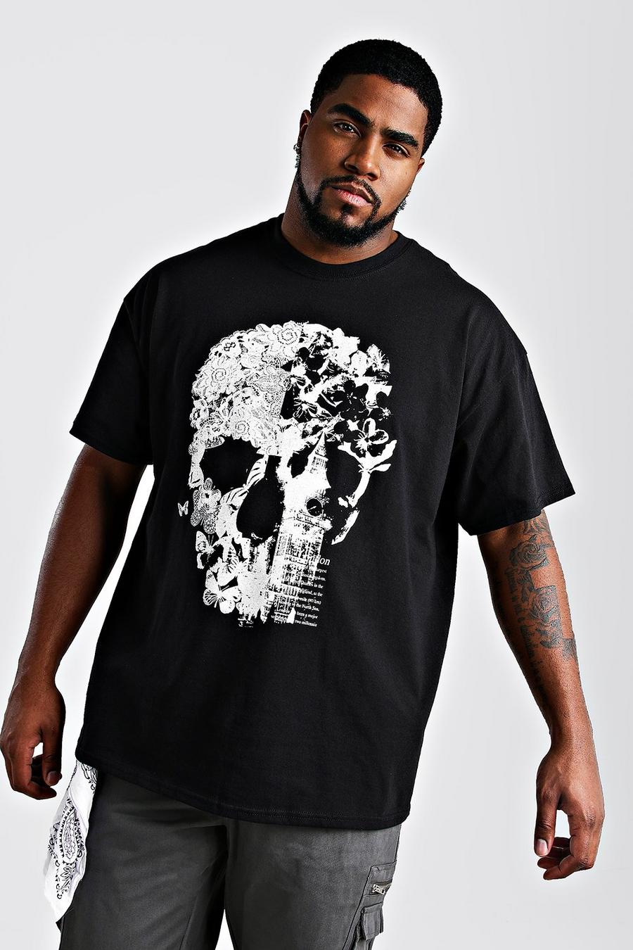 Black Big & Tall - T-shirt med blommor och dödskalle image number 1